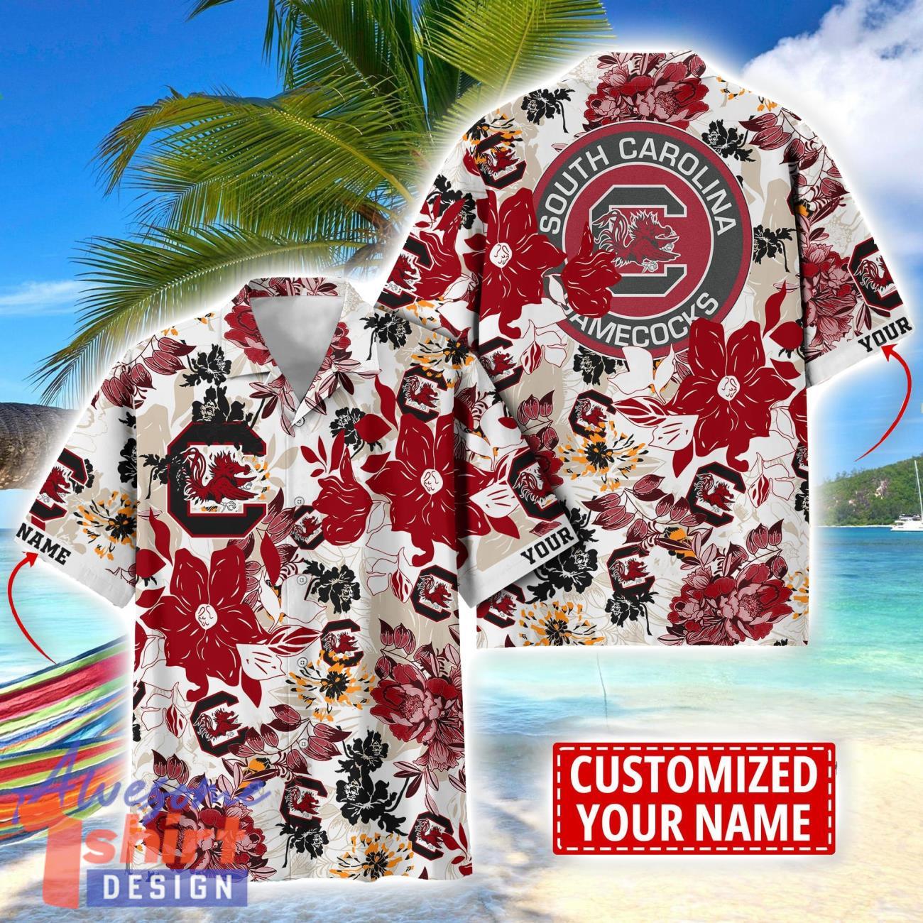 South Carolina Gamecocks Aloha 3D Hawaiian Shirt Flower Sport Team Beach Shirt Custom Name