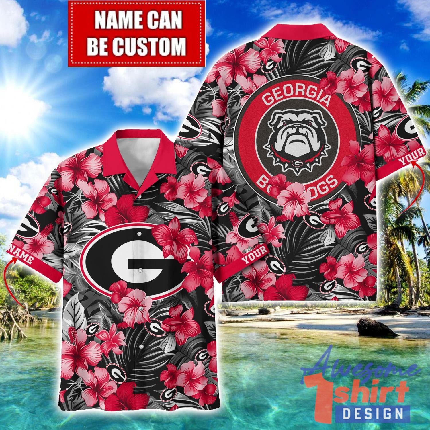 Georgia Bulldogs Big Logo Custom Name Aloha Flower Hawaiian Shirt Trending Summer