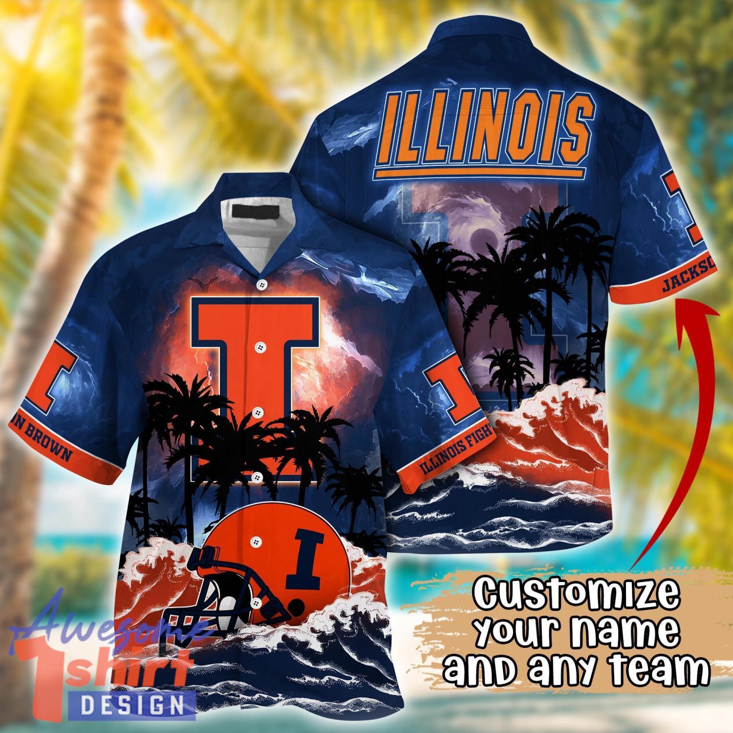 Illinois Fighting Illini NCAA Team Logo Custom Name 3D Hawaiian Shirt Gift Ideas