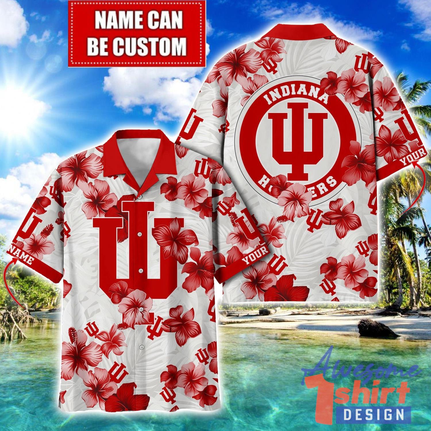 Indiana Hoosiers Big Logo Custom Name Aloha Flower Hawaiian Shirt Trending Summer