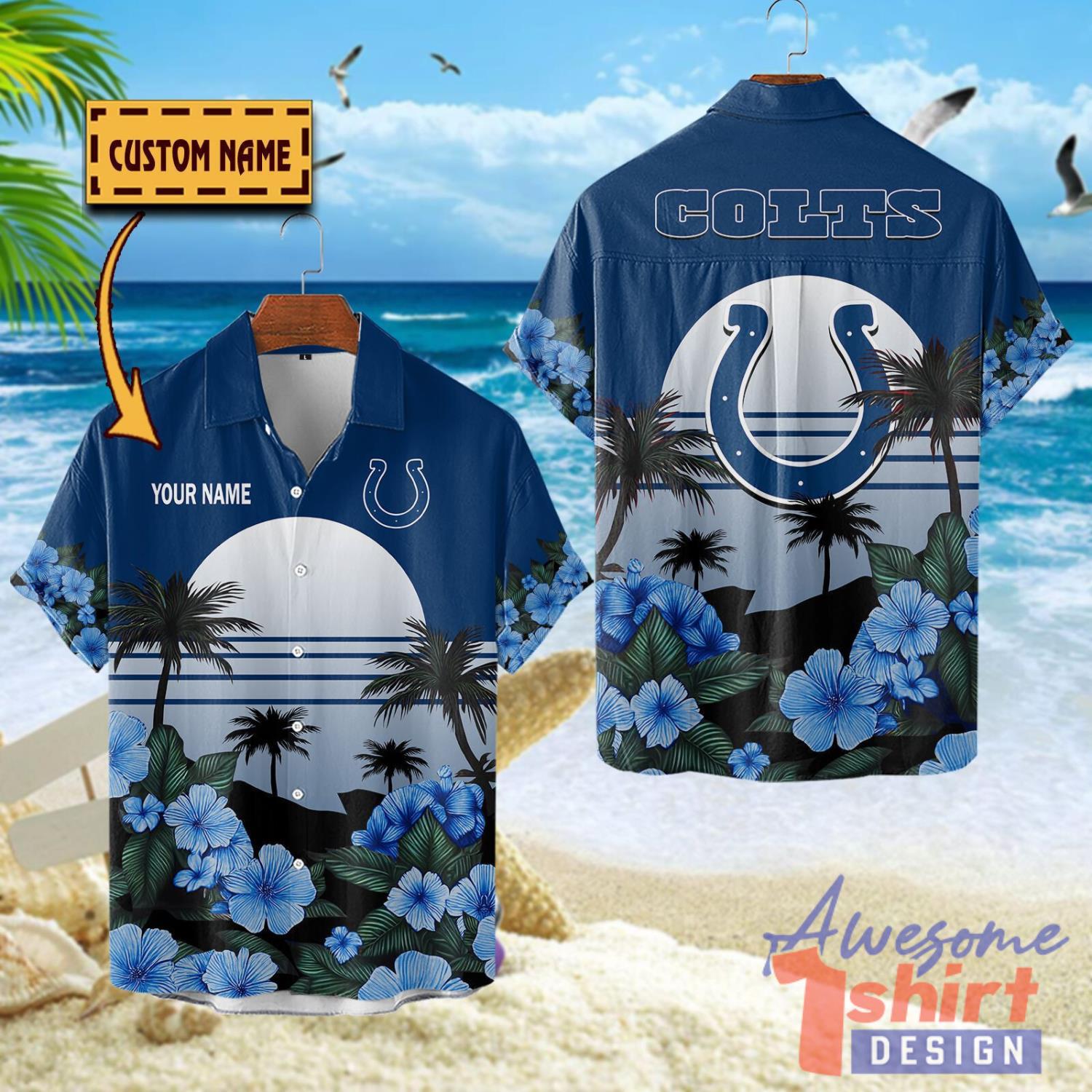 Indianapolis Colts NFL Team Hawaiian Shirt Floral Beach Pattern Custom Name