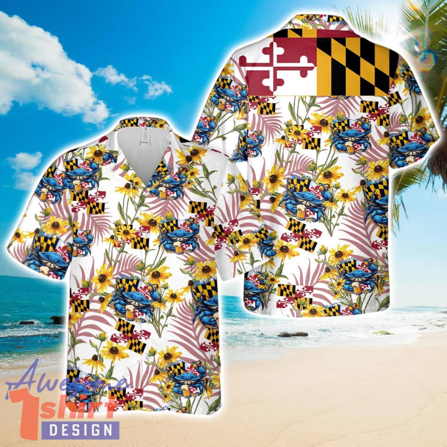 Maryland Flag Blue Crab, Cold Beer, Softball Hawaiian Shirt