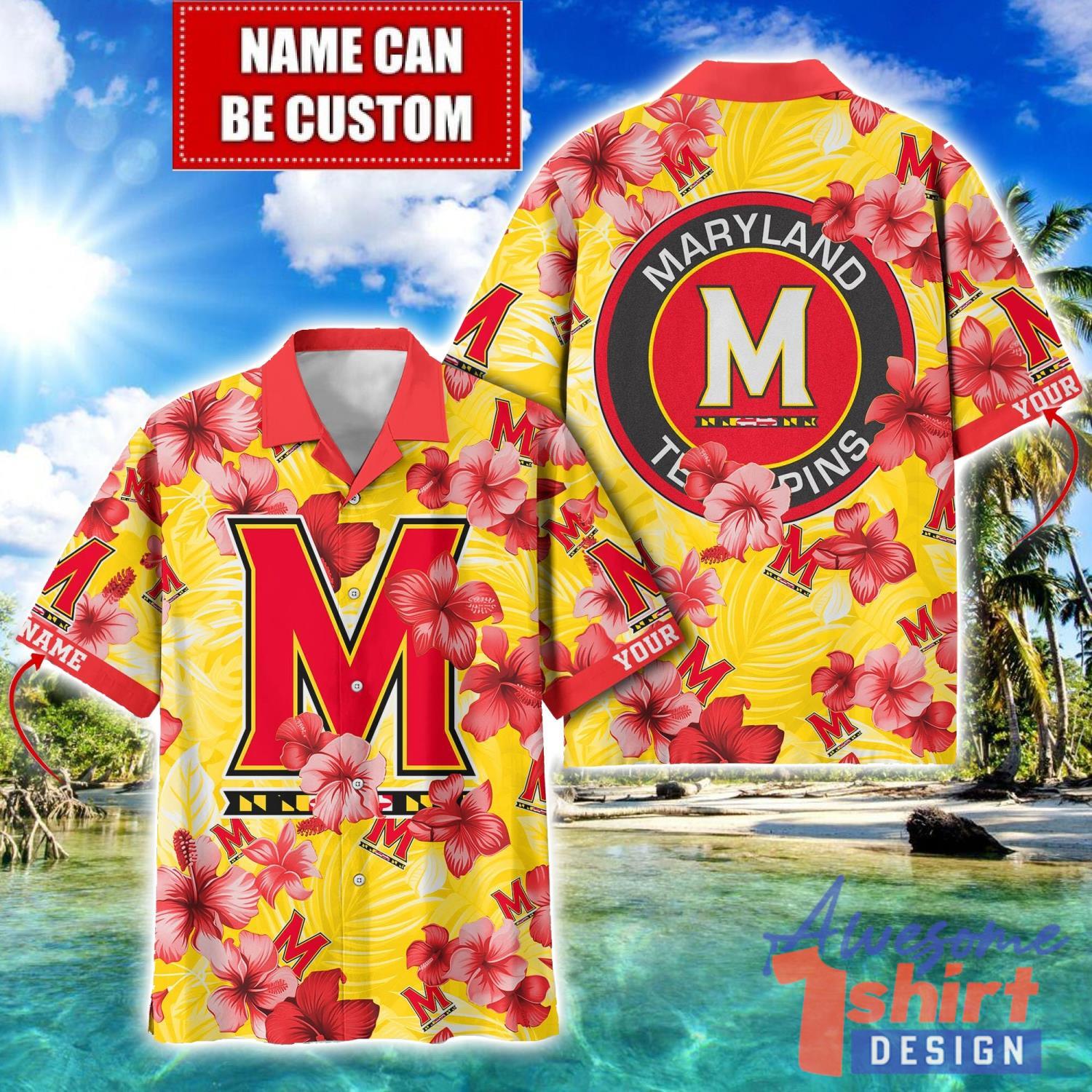 Maryland Terrapins Big Logo Custom Name Aloha Flower Hawaiian Shirt Trending Summer