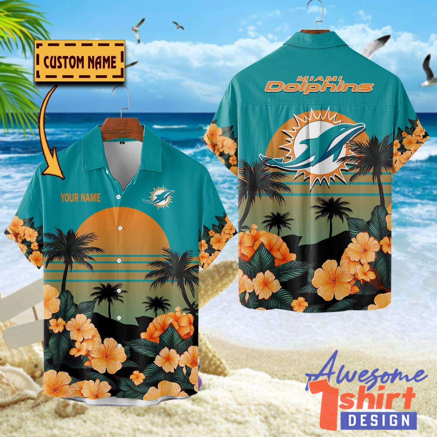 Miami Dolphins NFL Team Hawaiian Shirt Floral Beach Pattern Custom Name