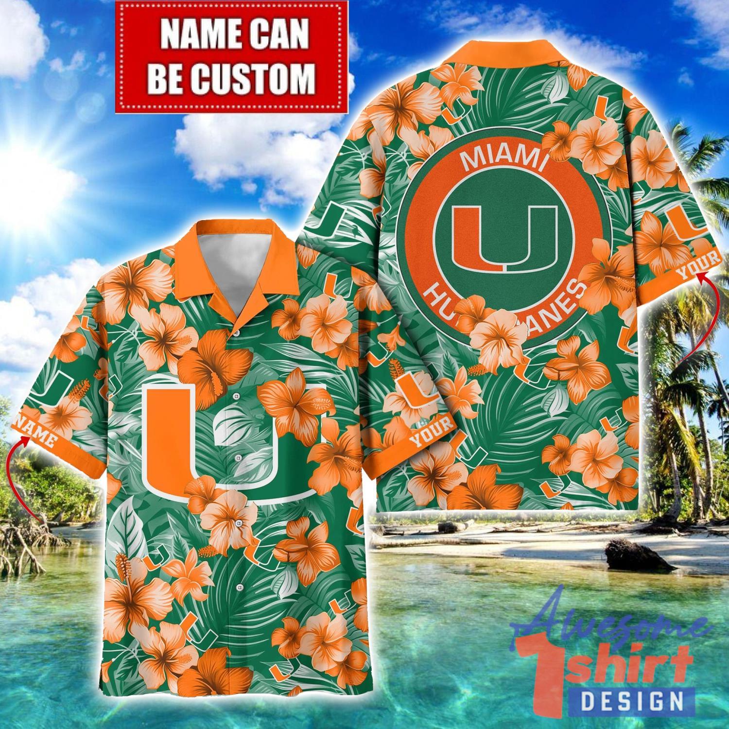 Miami Hurricanes Big Logo Custom Name Aloha Flower Hawaiian Shirt Trending Summer