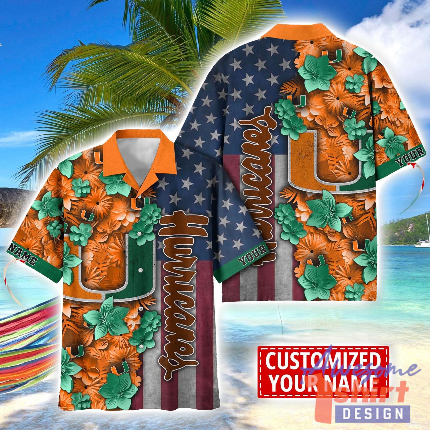 Miami Hurricanes Custom name USA Flag 4th July Independence Day Hawaiian Shirt