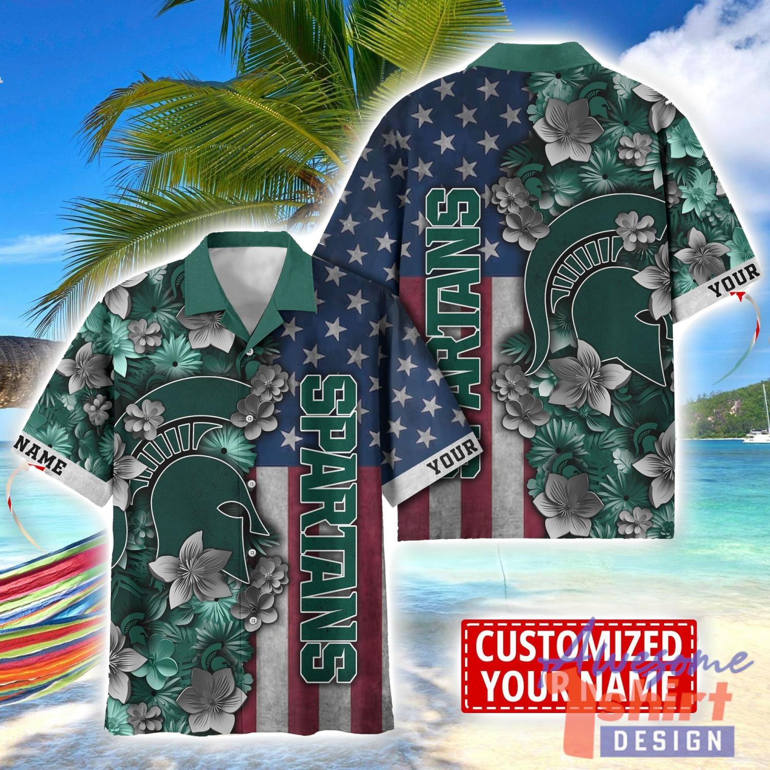 Michigan State Spartans Custom name USA Flag 4th July Independence Day Hawaiian Shirt