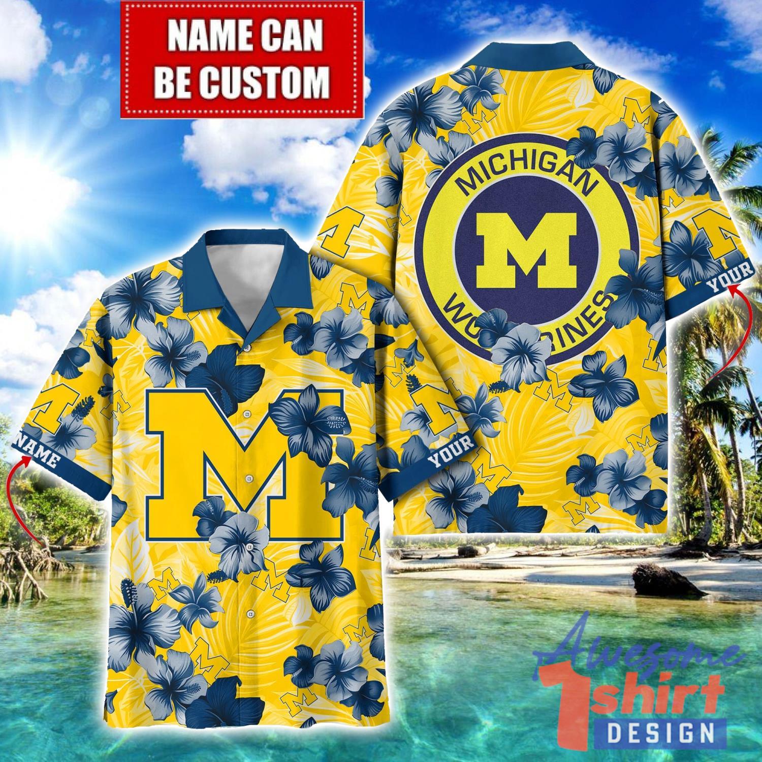 Michigan Wolverines Big Logo Custom Name Aloha Flower Hawaiian Shirt Trending Summer