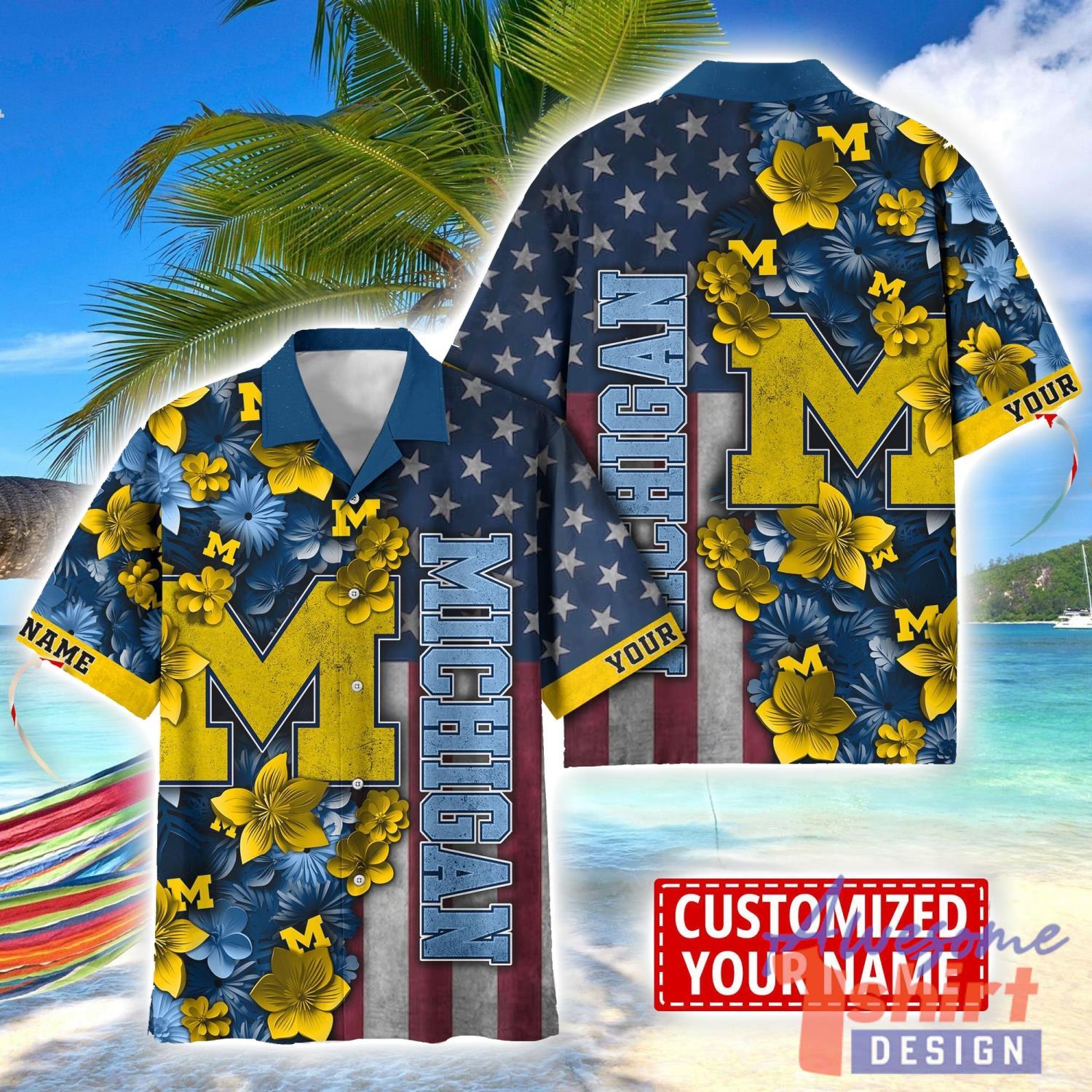 Michigan Wolverines Custom name USA Flag 4th July Independence Day Hawaiian Shirt