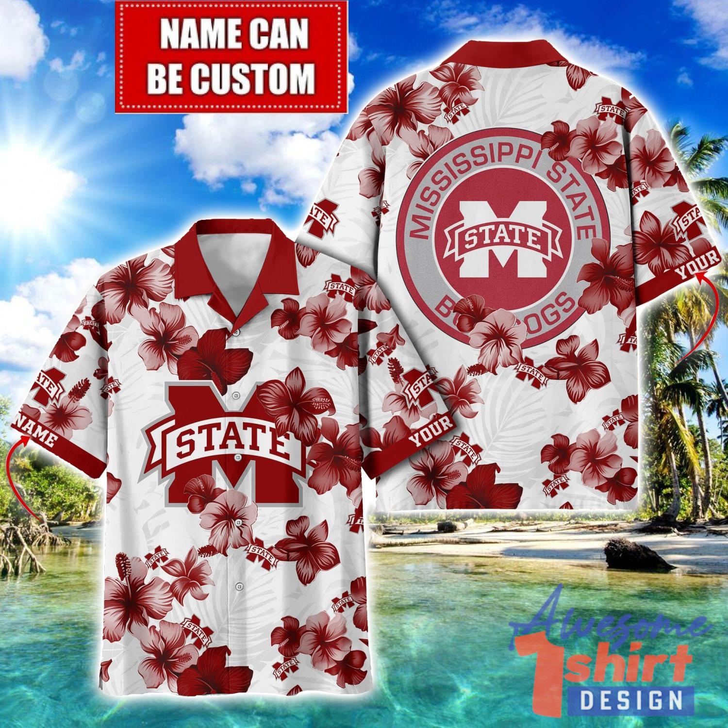 Mississippi State Bulldogs Big Logo Custom Name Aloha Flower Hawaiian Shirt Trending Summer