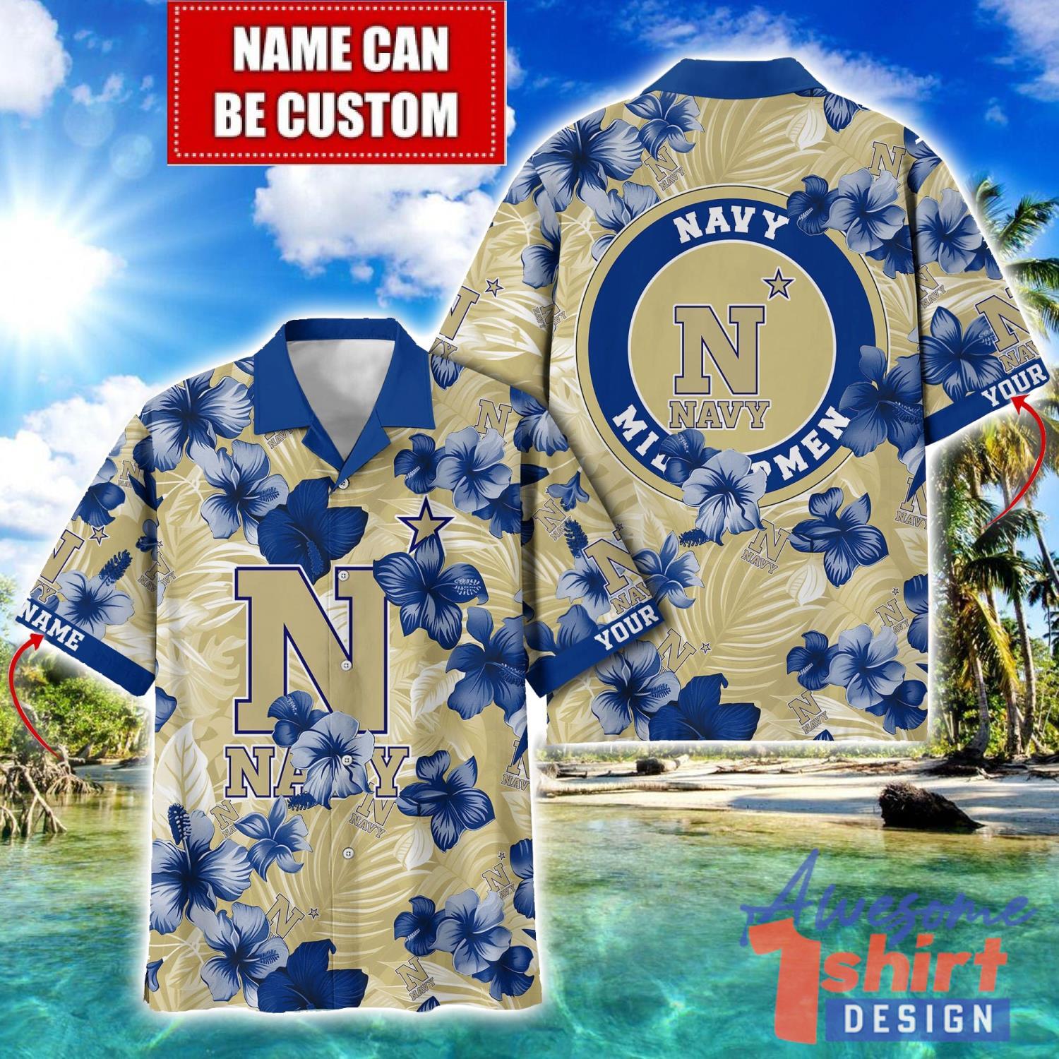 Navy Midshipmen Big Logo Custom Name Aloha Flower Hawaiian Shirt Trending Summer