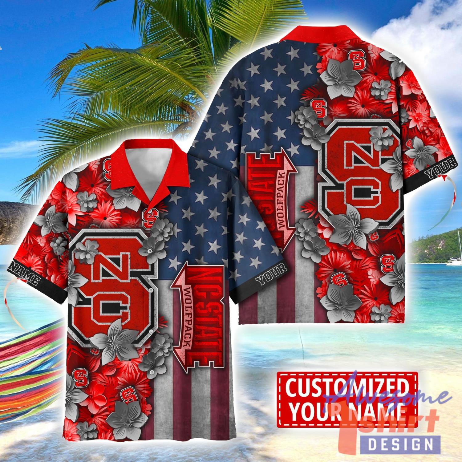 NC State Wolfpack Custom name USA Flag 4th July Independence Day Hawaiian Shirt