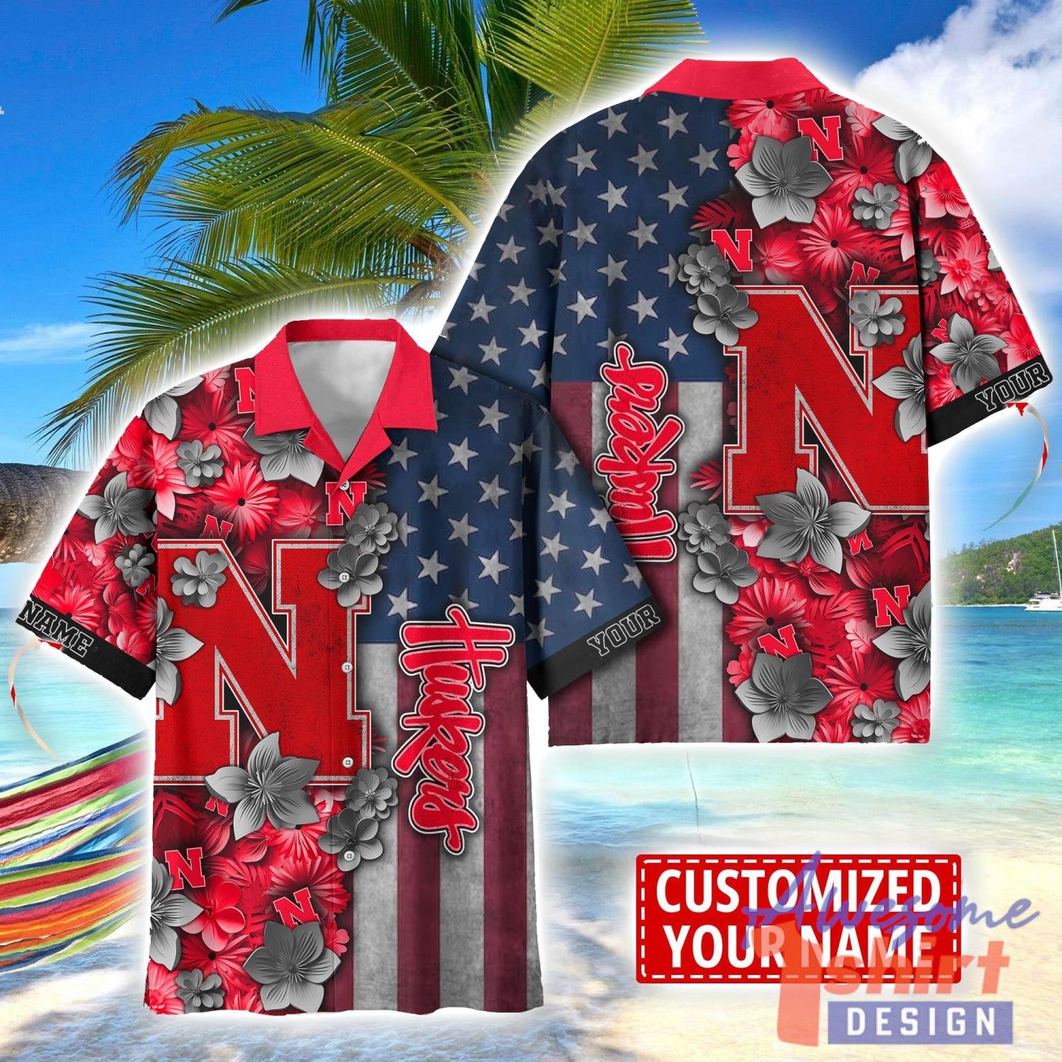 Nebraska Cornhuskers Custom name USA Flag 4th July Independence Day Hawaiian Shirt