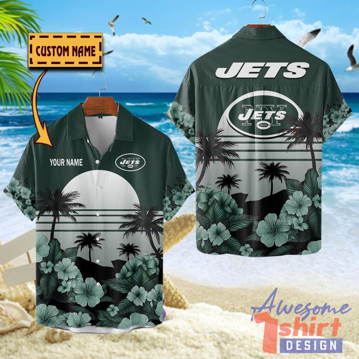 New York Jets NFL Team Hawaiian Shirt Floral Beach Pattern Custom Name