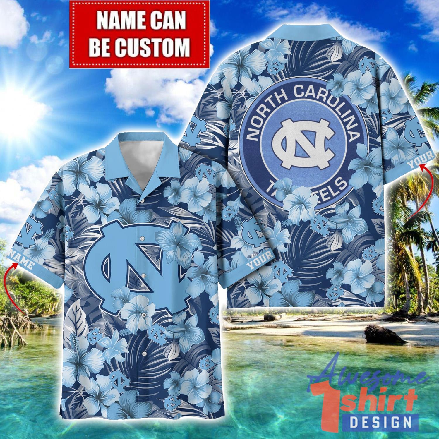 North Carolina Tar Heels Big Logo Custom Name Aloha Flower Hawaiian Shirt Trending Summer