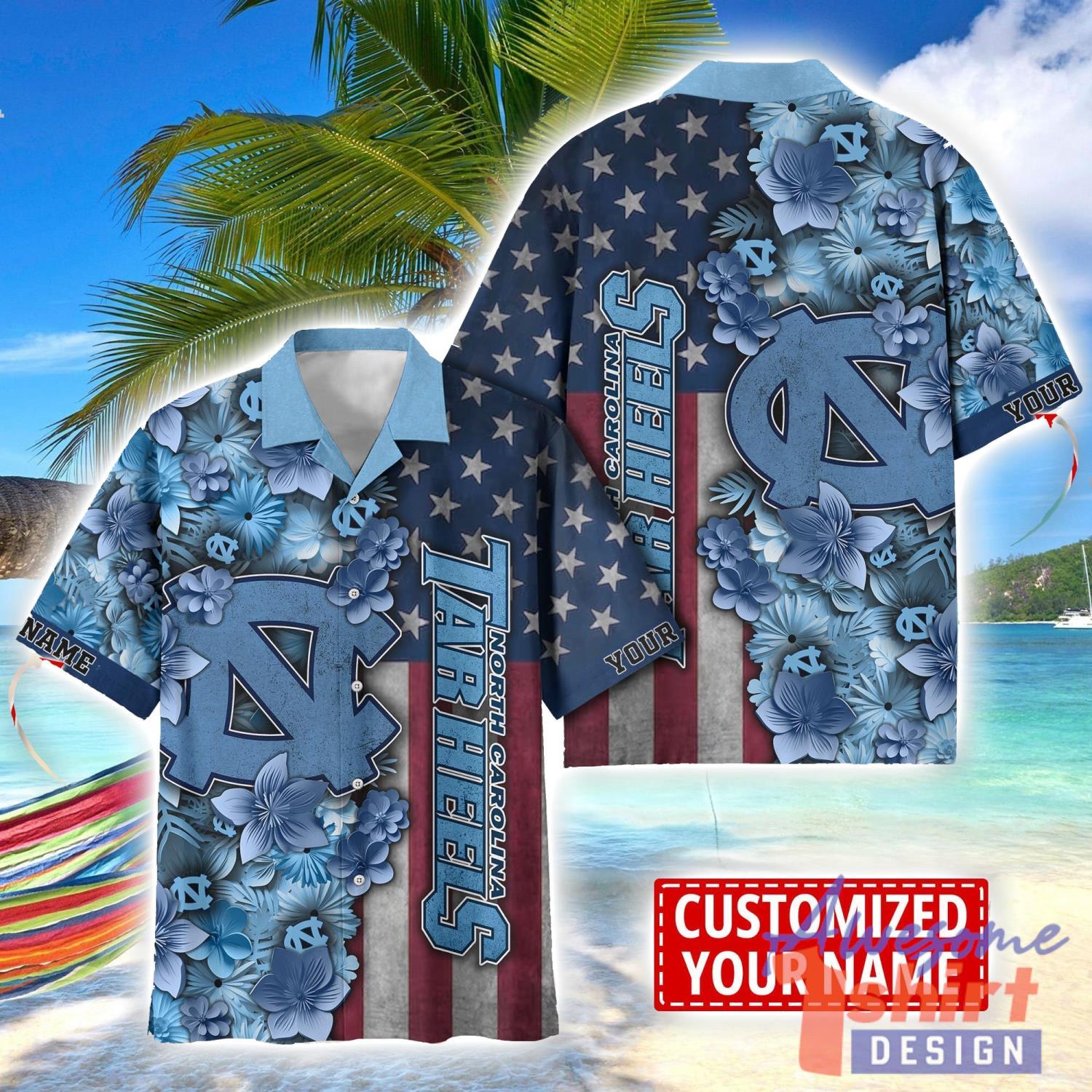 North Carolina Tar Heels Custom name USA Flag 4th July Independence Day Hawaiian Shirt