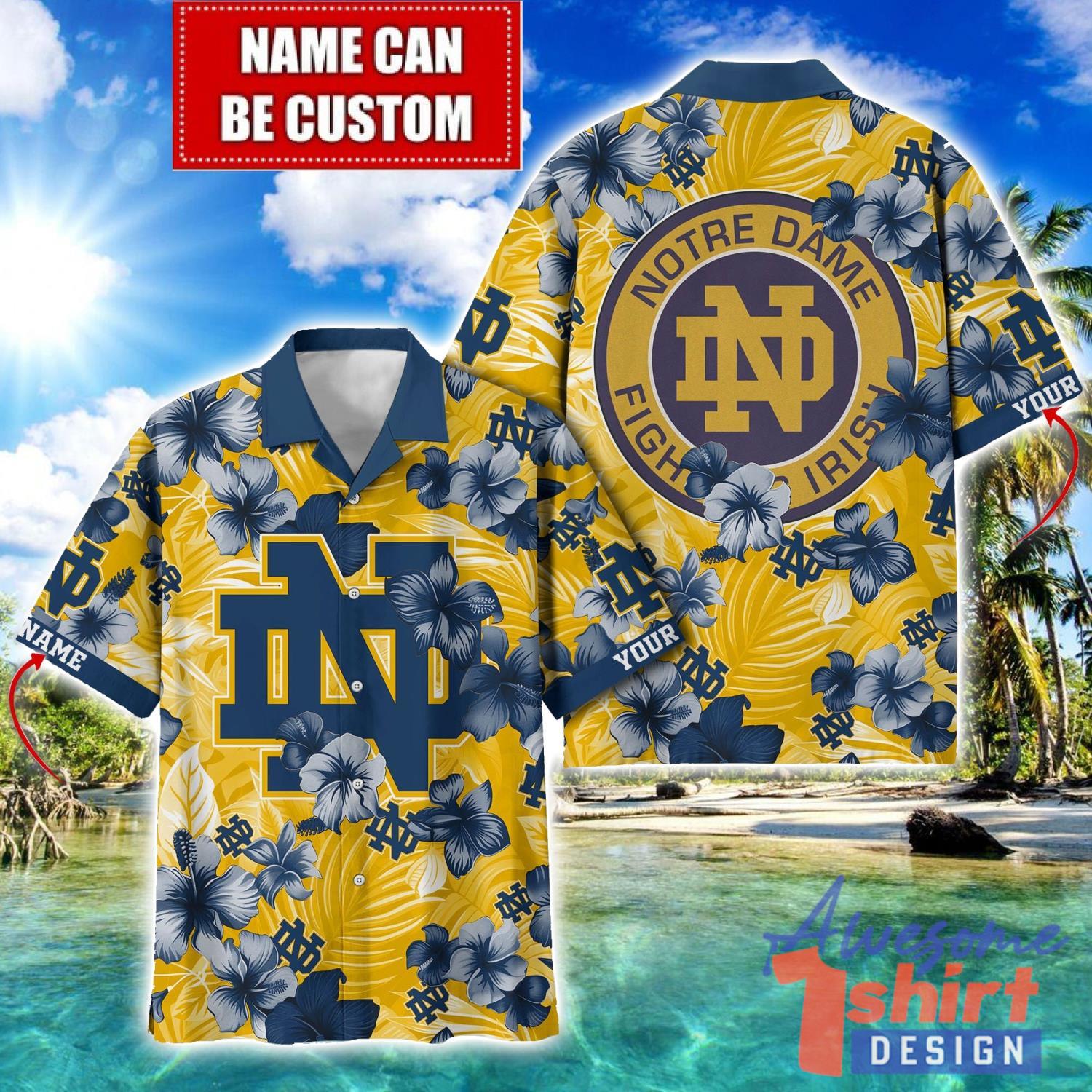 Notre Dame Fighting Irish Big Logo Custom Name Aloha Flower Hawaiian Shirt Trending Summer