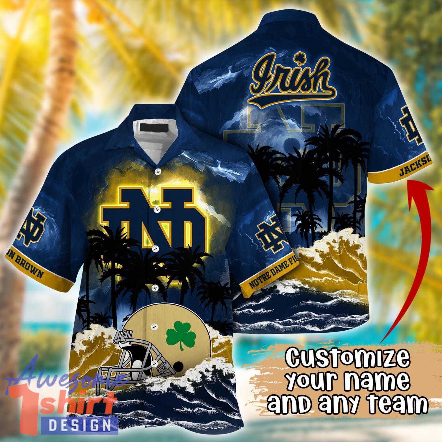 Notre Dame Fighting Irish NCAA Team Logo Custom Name 3D Hawaiian Shirt Gift Ideas