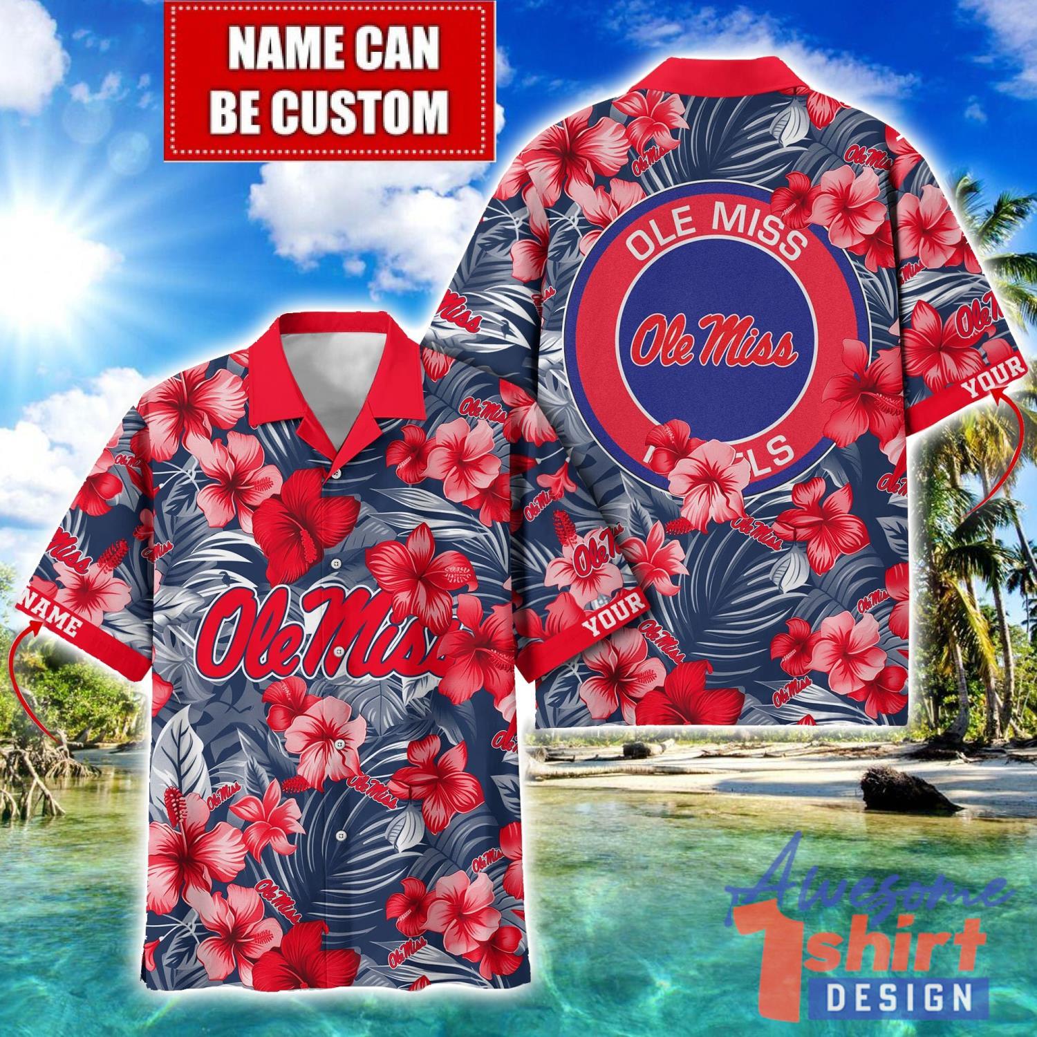 Ole Miss Rebels Big Logo Custom Name Aloha Flower Hawaiian Shirt Trending Summer