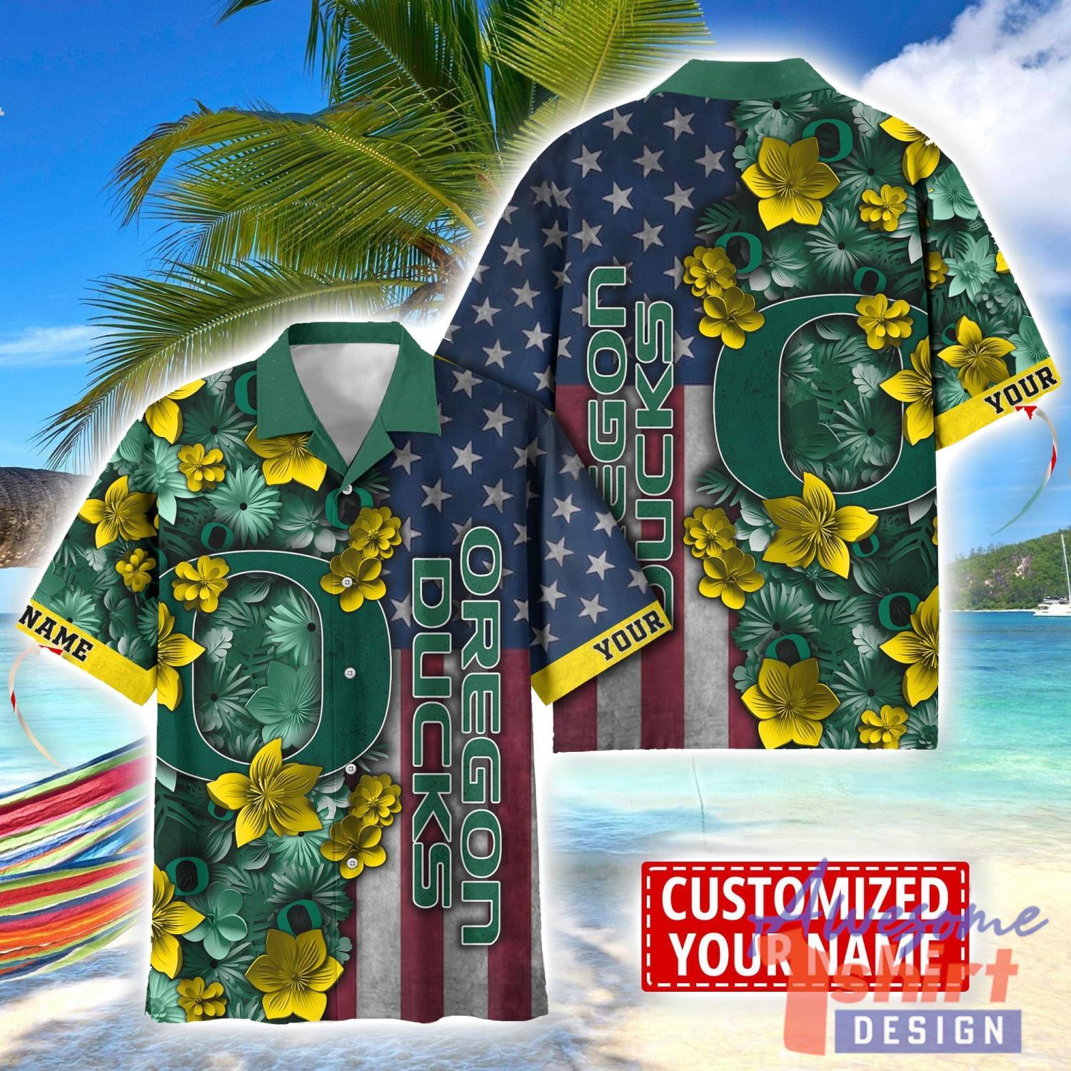 Oregon Ducks Custom name USA Flag 4th July Independence Day Hawaiian Shirt