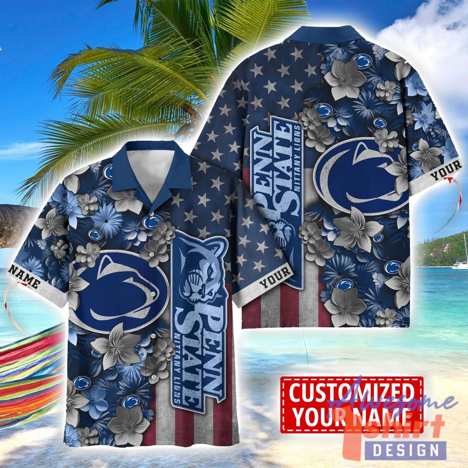 Penn State Nittany Lions Custom name USA Flag 4th July Independence Day Hawaiian Shirt