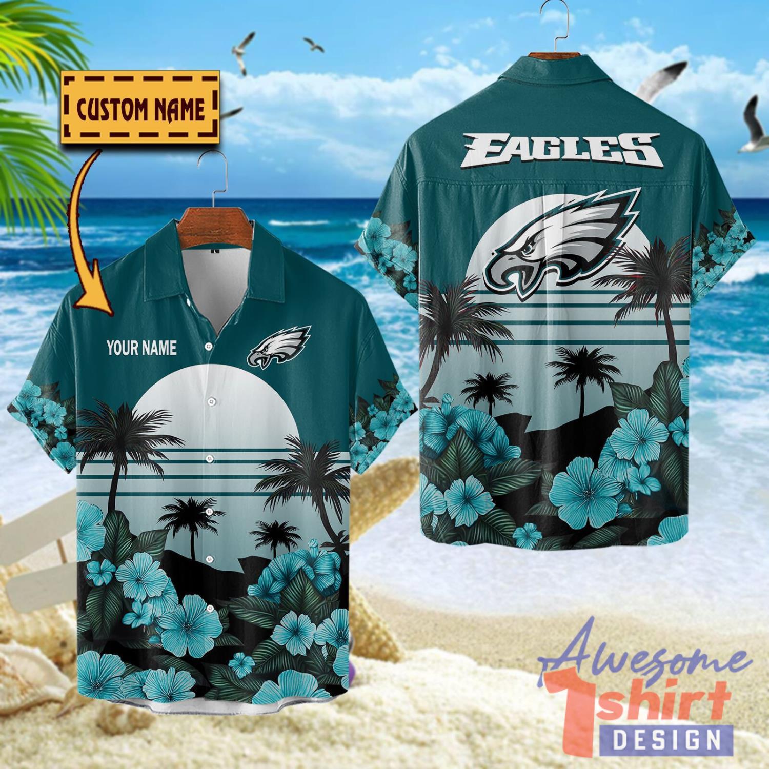 Philadelphia Eagles NFL Team Hawaiian Shirt Floral Beach Pattern Custom Name