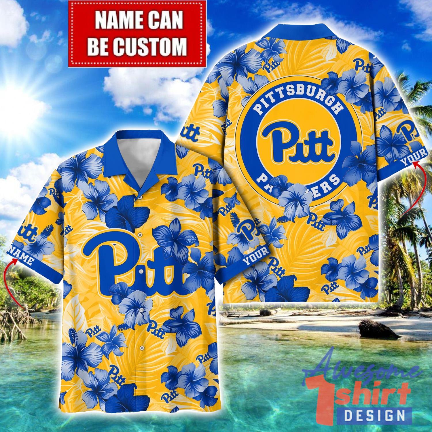 Pittsburgh Panthers Big Logo Custom Name Aloha Flower Hawaiian Shirt Trending Summer