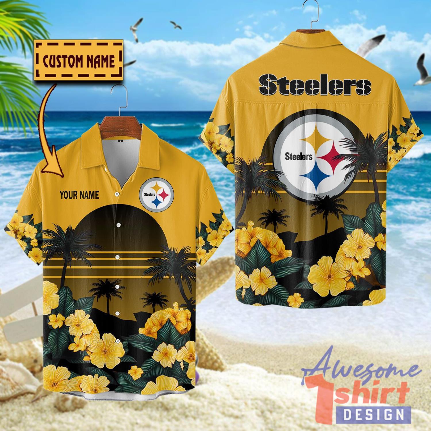 Pittsburgh Steelers NFL Team Hawaiian Shirt Floral Beach Pattern Custom Name