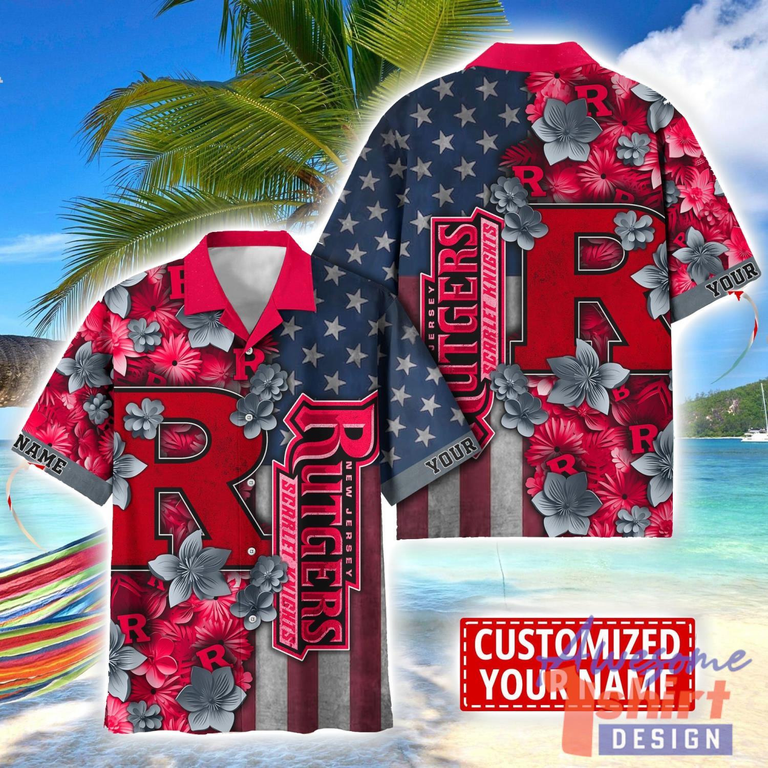 Rutgers Scarlet Knights Custom name USA Flag 4th July Independence Day Hawaiian Shirt