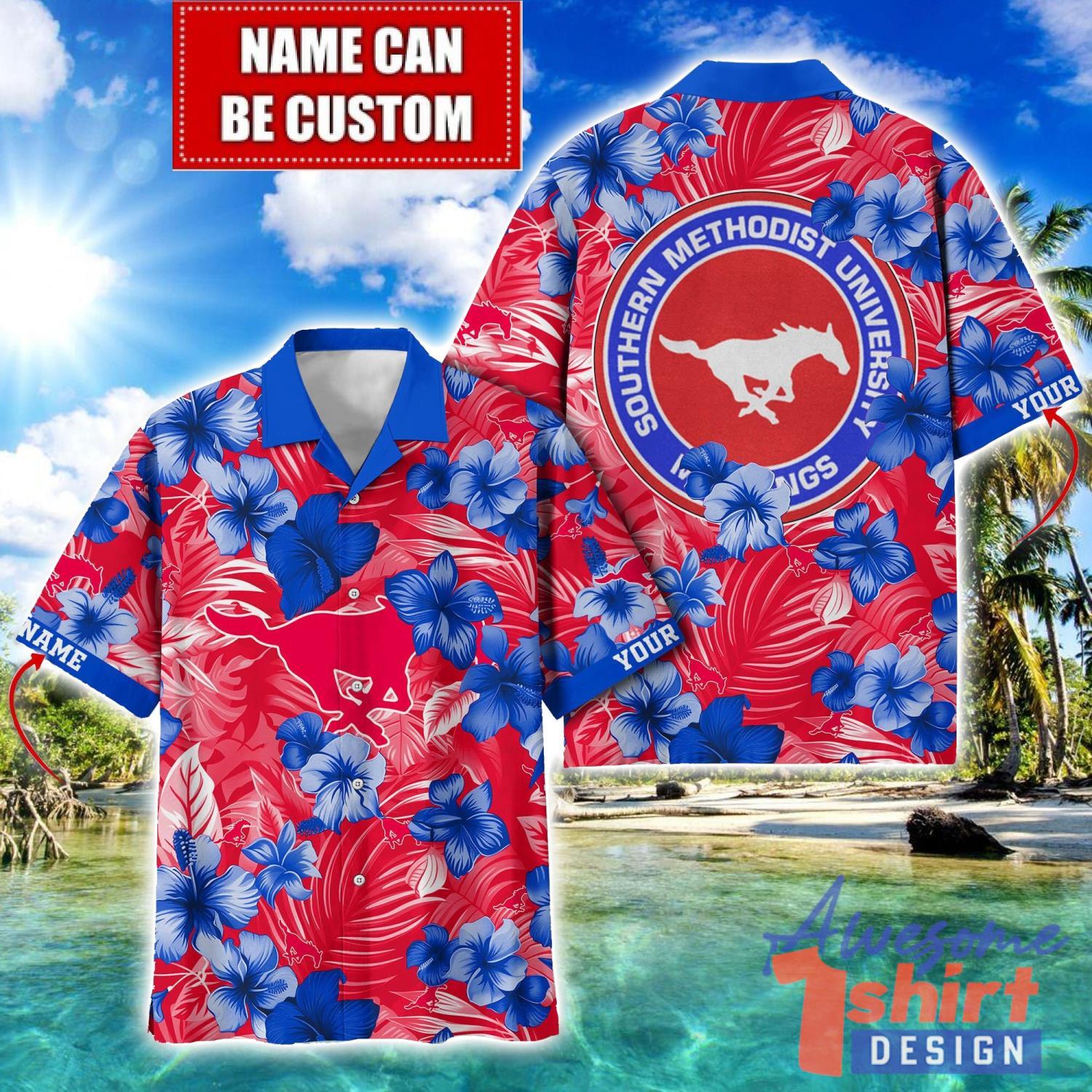 SMU Mustangs Big Logo Custom Name Aloha Flower Hawaiian Shirt Trending Summer