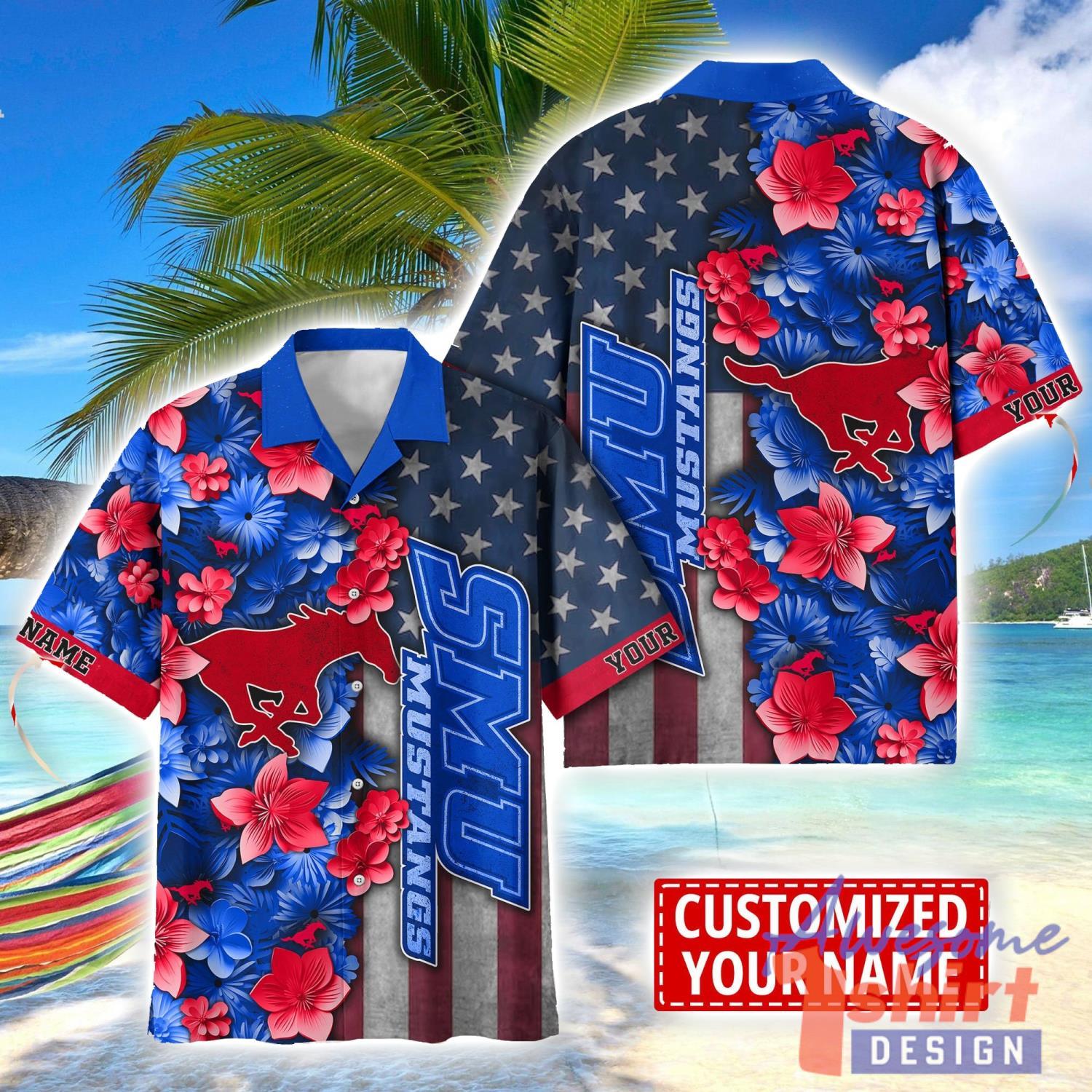 SMU Mustangs Custom name USA Flag 4th July Independence Day Hawaiian Shirt