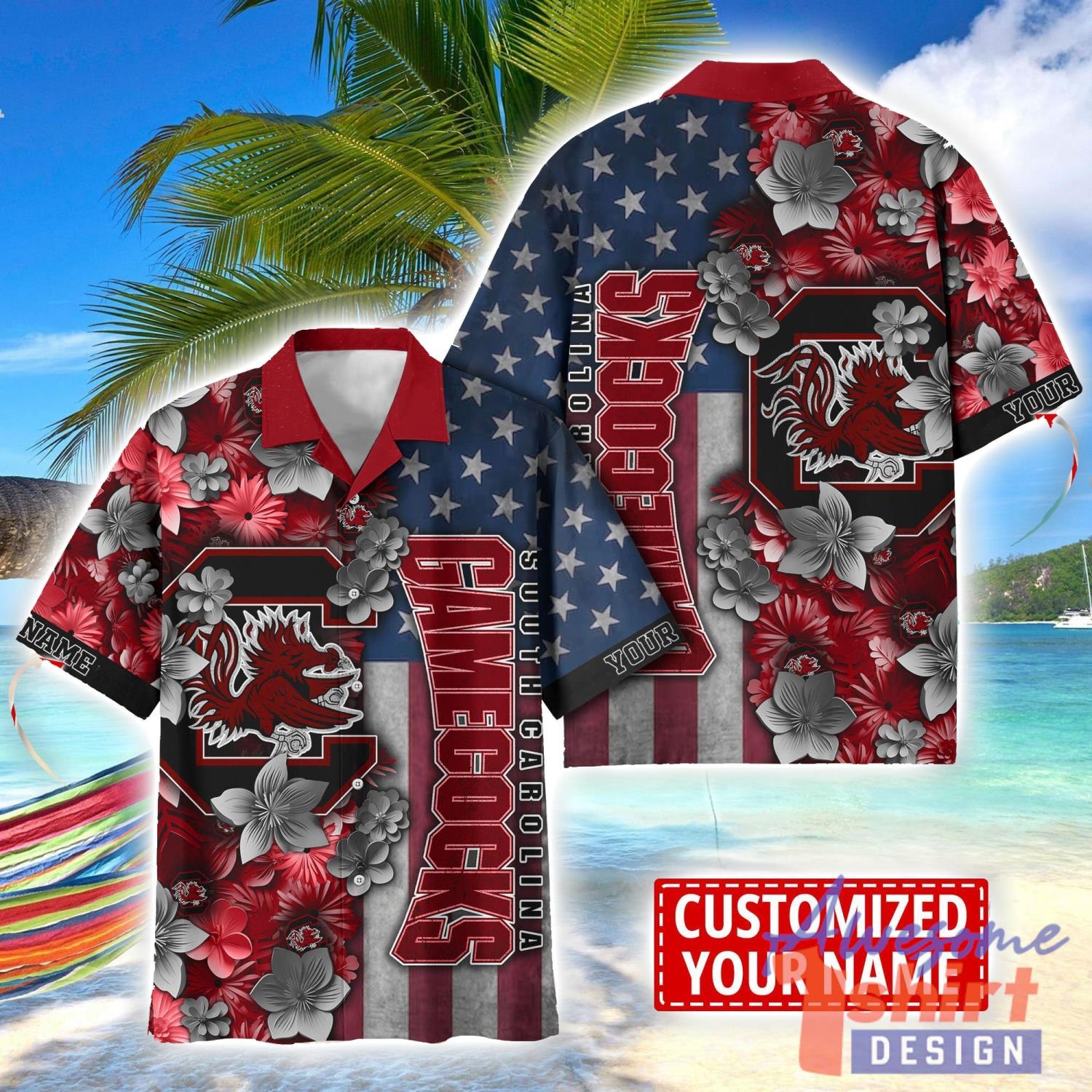 South Carolina Gamecocks Custom name USA Flag 4th July Independence Day Hawaiian Shirt