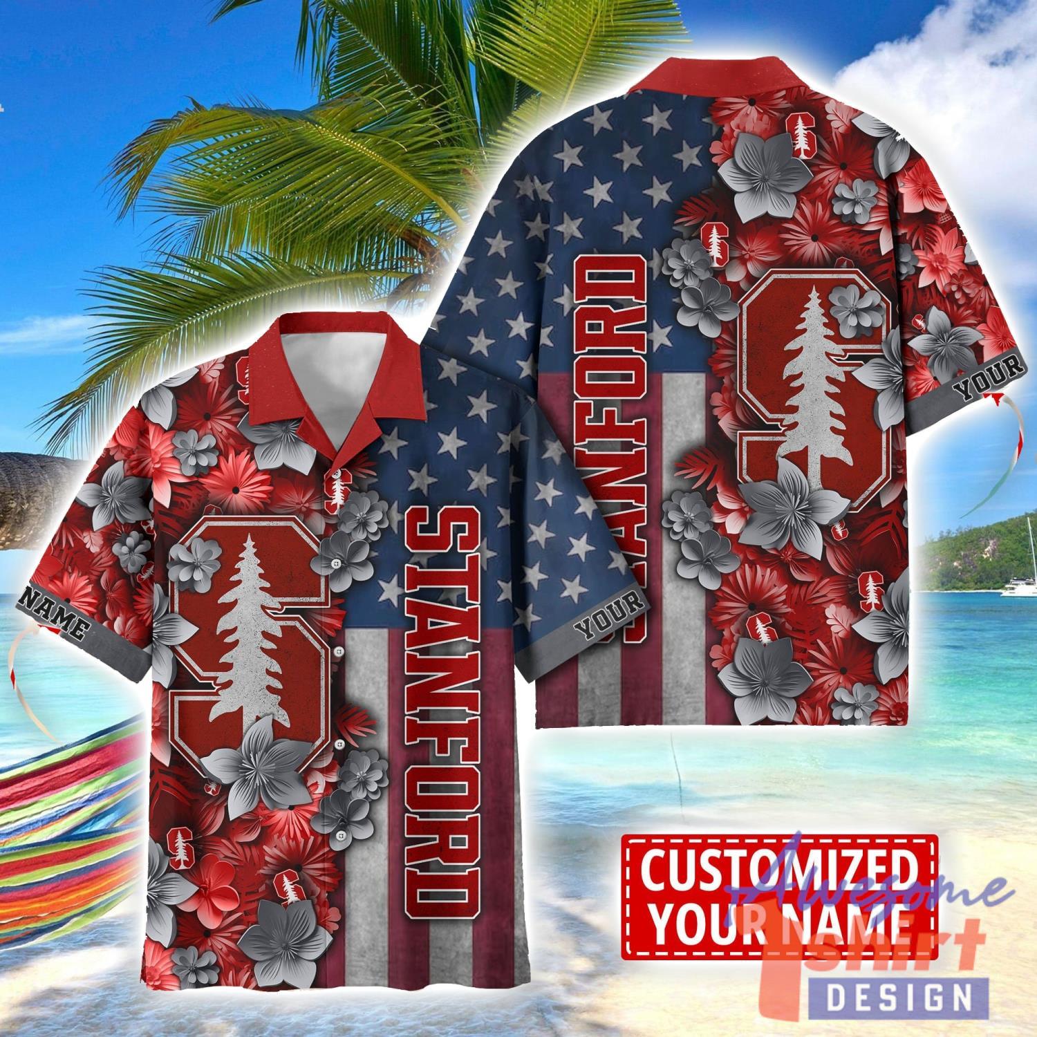 Stanford Cardinal Custom name USA Flag 4th July Independence Day Hawaiian Shirt