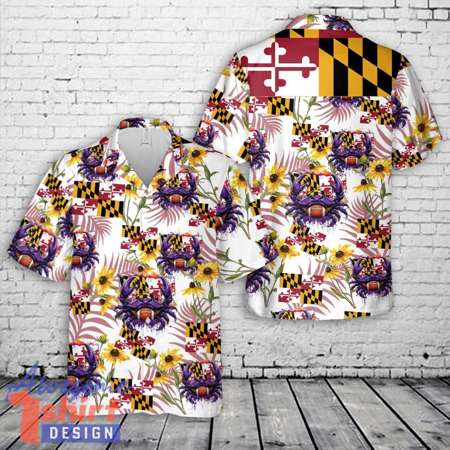 Purple Crab & Football Maryland Flag Beach Gift Hawaiian Shirt