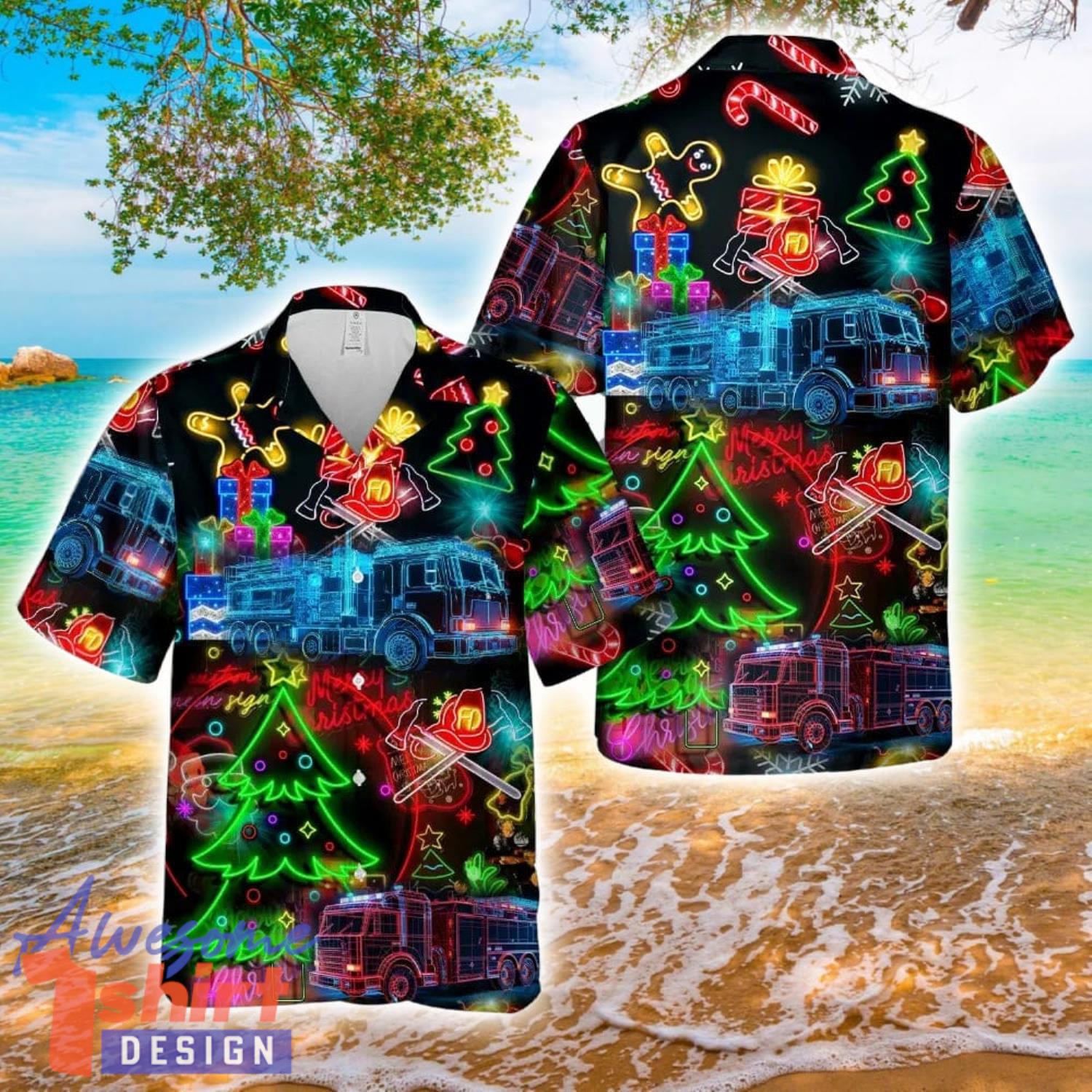 Firefighter Fire Truck Christmas Bright Neon Lighting Hawaiian Shirt