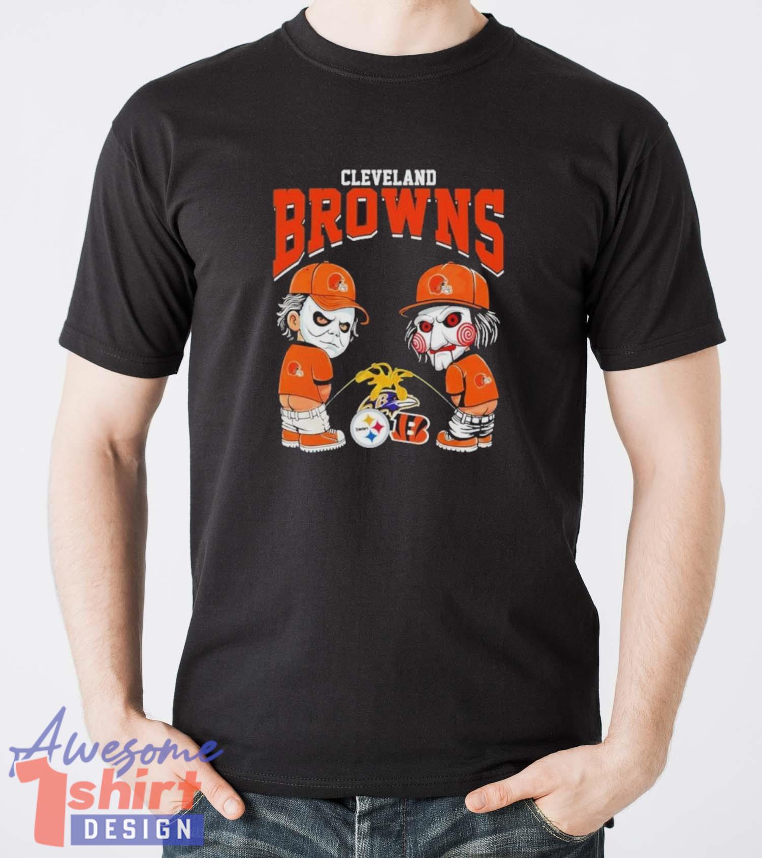 Michael Myers And Billy The Puppet X Cleveland Browns Pee On NFL Teams Halloween Shirt